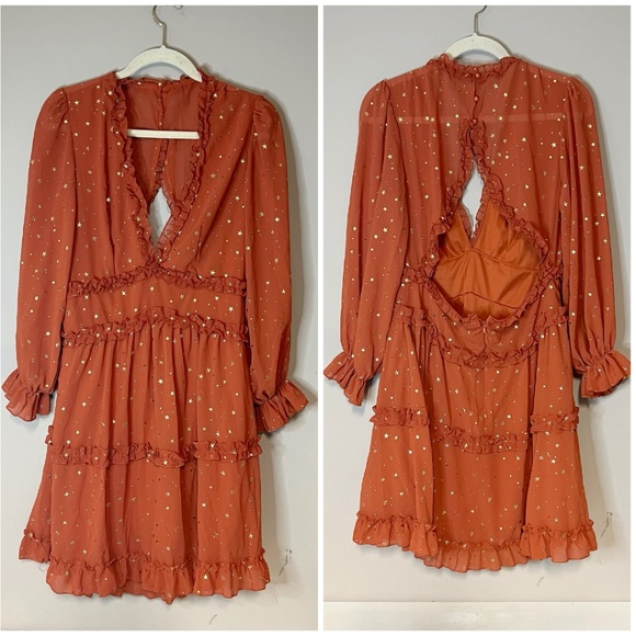 Unbranded Dresses & Skirts - Burnt Orange & Gold Star Print Layered Open Back Dress Whimsical Celestial